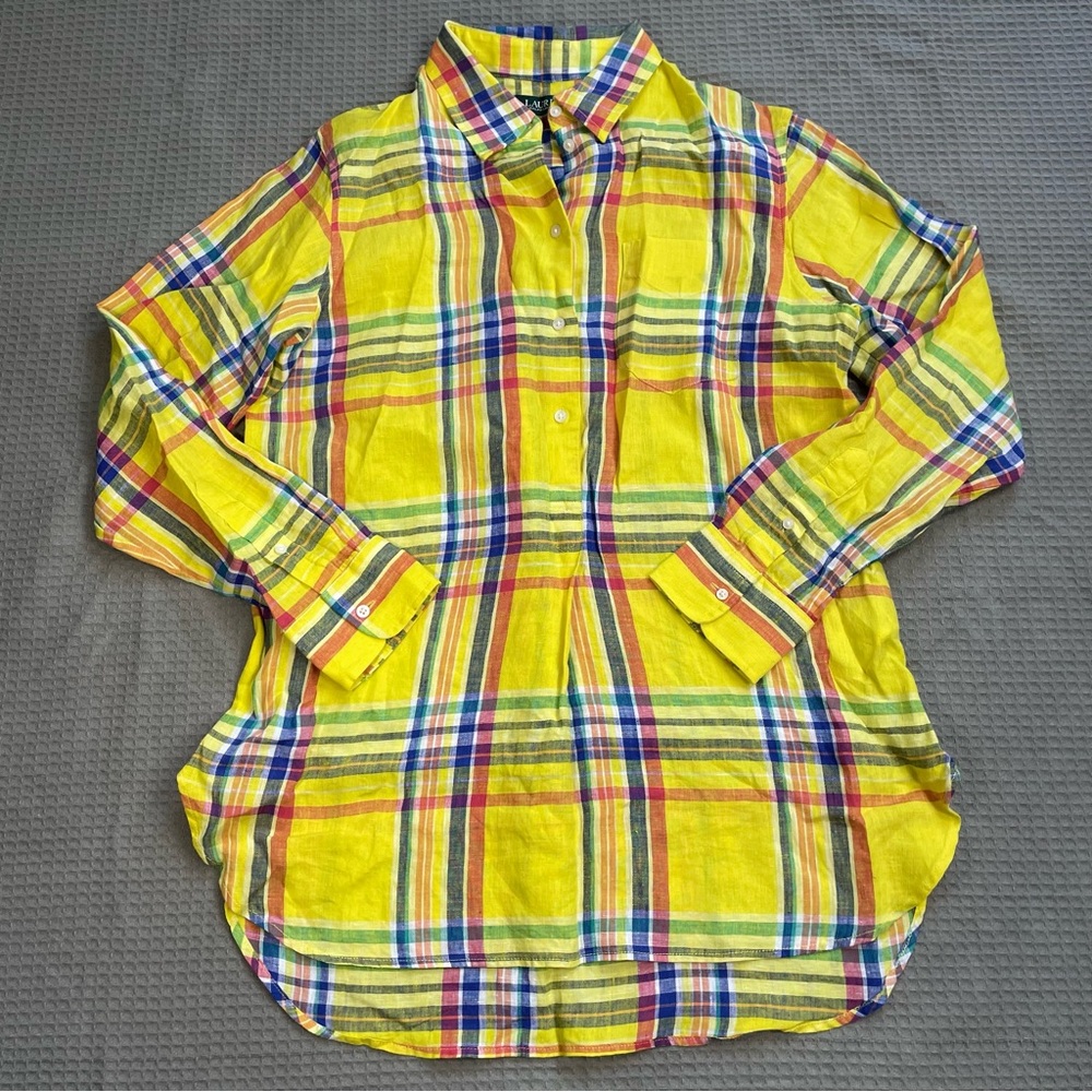 Lauren Ralph Lauren 100% Linen Tunic Shirt Medium Womens Yellow Multi Plaid